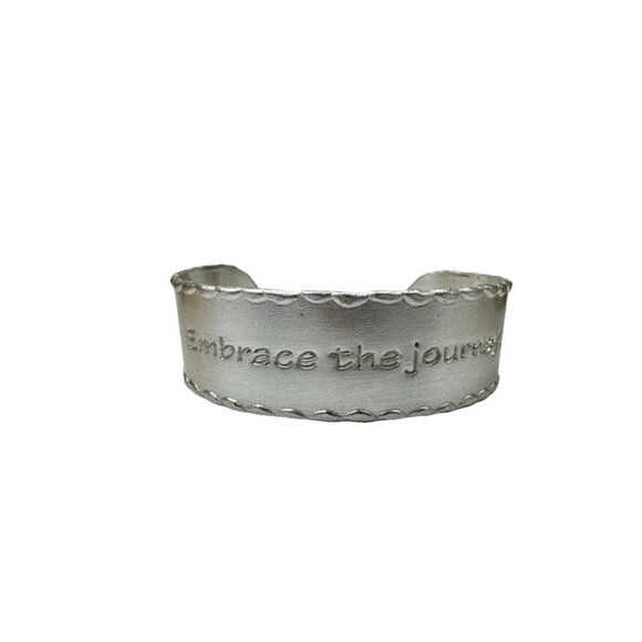 Rustic Cuff Bracelet Engraved Embrace The Journey Silver Tone Brushed Finish - Picture 1 of 7